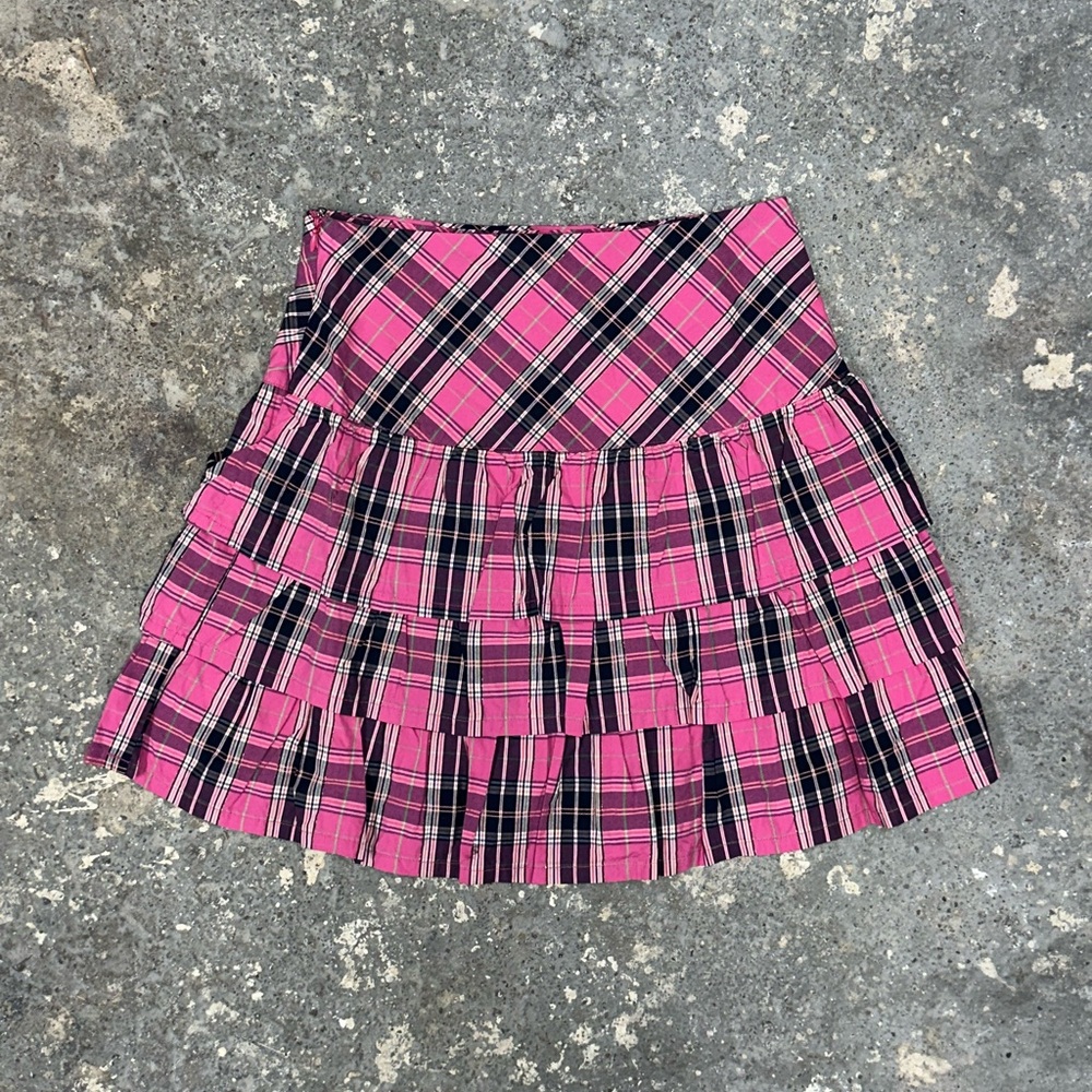 Pink Plaid High Waisted Frill Tier Mini Skirt